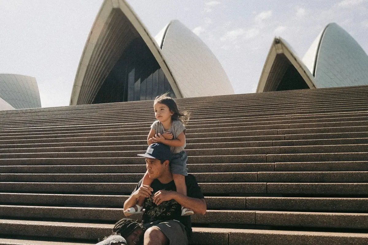 A young family on the Sydney Opera House steps